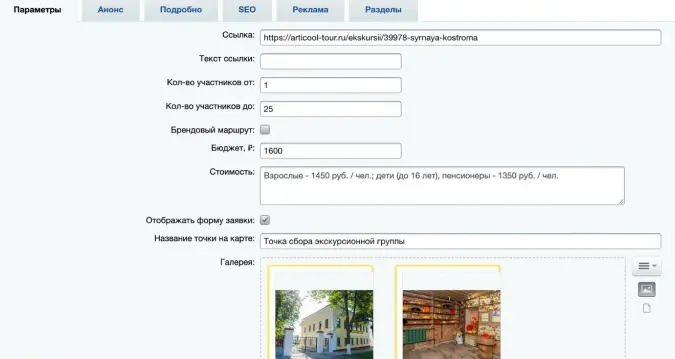 Пример карточки объекта с динамическими полями
